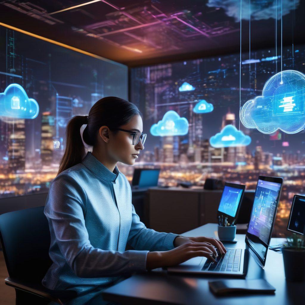 A futuristic office space filled with holographic web interfaces, coding symbols, and cloud networks seamlessly connected. In the foreground, a determined developer works on a sleek laptop, surrounded by floating screens displaying various technologies. The background features a dynamic cityscape with towering digital clouds and data streams. Super-realistic. Vibrant colors.
