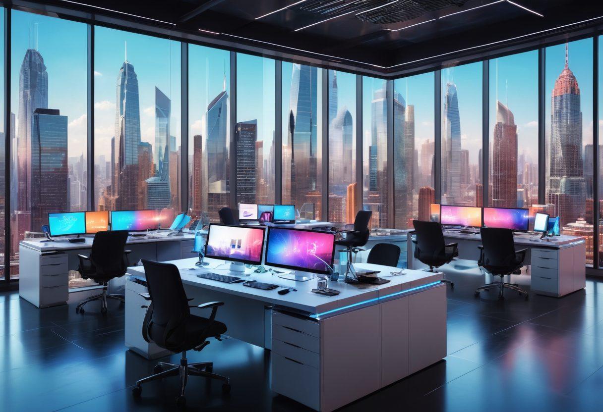 A futuristic office space with diverse professionals collaborating on sleek computers and tablets, interconnected by digital data streams and holograms. The background showcases modern skyscrapers through large windows. Use dynamic and vibrant colors to highlight technology and teamwork. Ultra-modern aesthetics. Super-realistic.